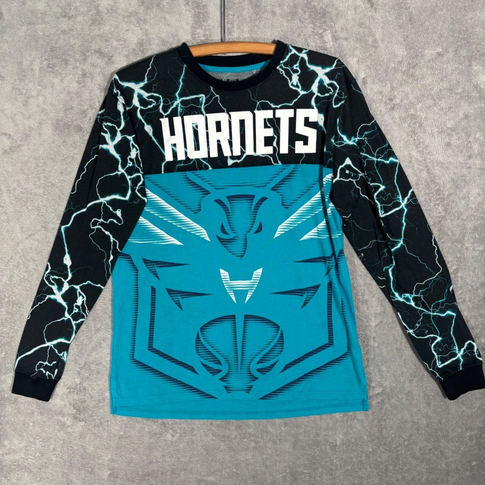 NBA Charlotte Hornets Long Sleeve Shirt Mens Large Teal Black Lightning Graphic